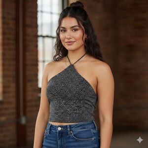 Lush Black Halter Top with Zipper- Silver Light Catching, Going Out Clubbing S